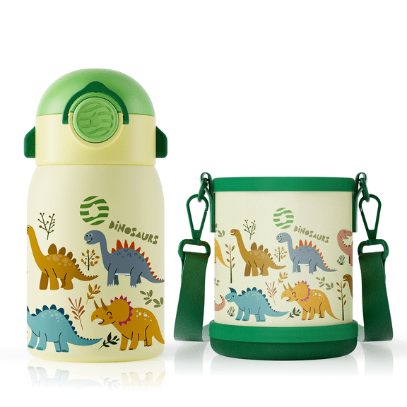 Typpkmm Kids Water Bottle, Stainless Steel Insulated Thermos, 400ml Cartoon Design for School, Dinosaur
