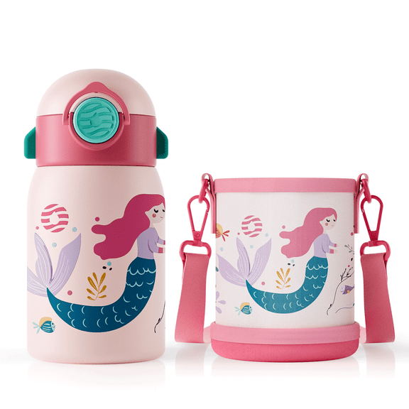 Typpkmm Kids Water Bottle, Stainless Steel Insulated Thermos, 400ml Cartoon Design for School, Mermaid