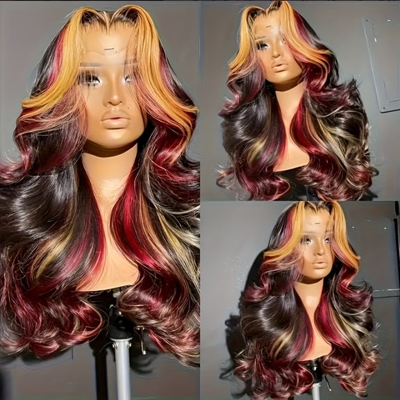 Typpkmm - Lightweight Long Wavy Blonde Highlight 13x4 HD Part Synthetic Lace Front Wigs Pre Plucked Natural Hairline Body Wave Glueless Wig Red