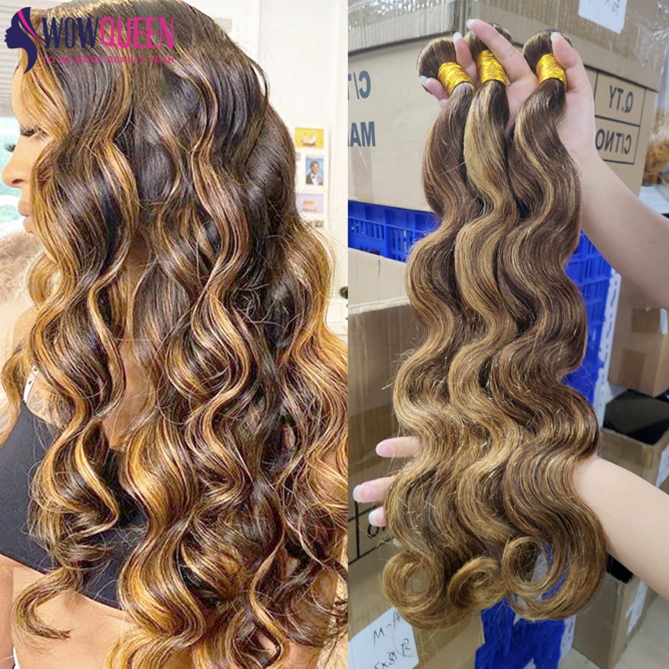 Typpkmm P4/27 Highlight Body Wave Bundles Brazilian Hair Weave Bundles Ombre Honey Colored Human Hair Bundles Remy Hair Extensions Brown