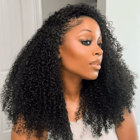Typpkmm - Portable Half Wigs Human Hair Kinky Curly Headband Wig Upgrade 3 in 1 Half Wig with Drawstring Seamless Clip Ins Flip Over Wig 32 Inch