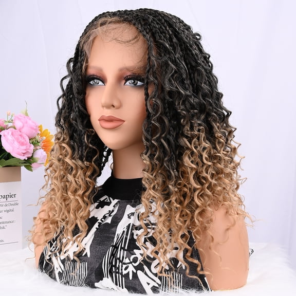 Typpkmm Short Boho Bohemian Box Braids Braided Wig Full Lace Boho Braided Wigs Synthetic Curly Hair with Baby Hair for Women Black, T27