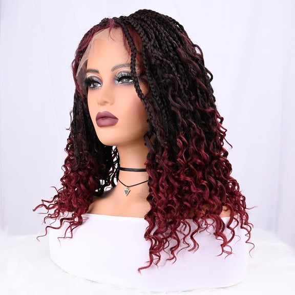 Typpkmm Short Boho Bohemian Box Braids Braided Wig Full Lace Boho Braided Wigs Synthetic Curly Hair with Baby Hair for Women Black, TBUG