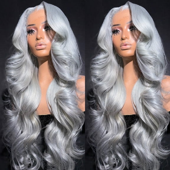 Typpkmm: Stackable Transparent 13x6 Silver Grey Color Lace Front Human Hair Wigs Long Body Wave Lace Frontal Wig Pre Plucked 200 250 Density Gray