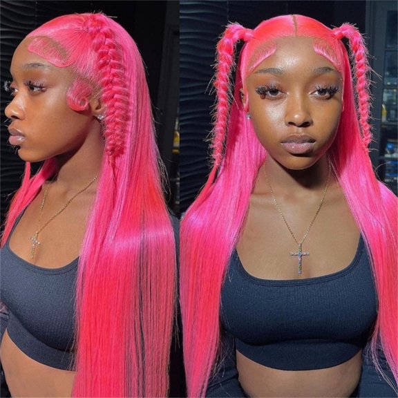 Typpkmm Teal Lace Front Wig, Preplucked 38 Inch Long Hair, Breathable Cap for Daily Wear, Pink Straight