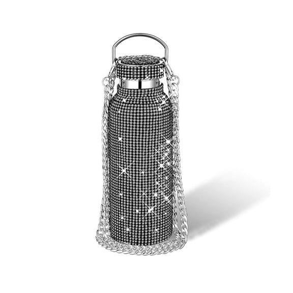Typpkmm Thermal Rhinestone Water Bottle with Stainless Steel Refillable Glitter, Black