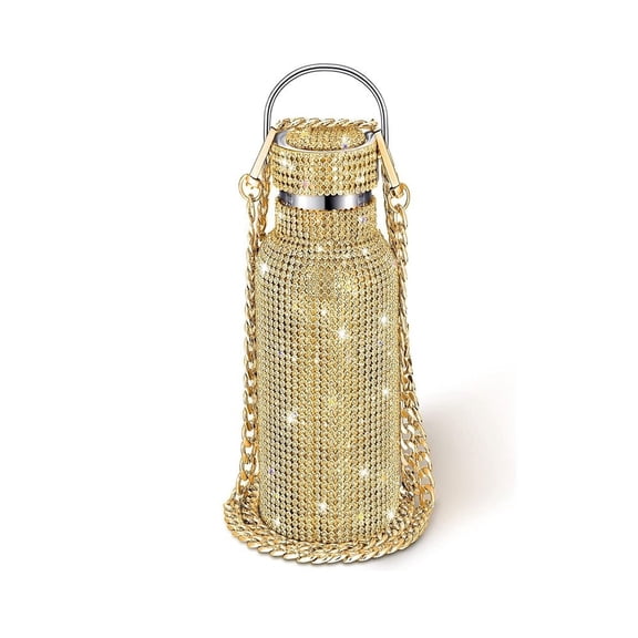Typpkmm Thermal Rhinestone Water Bottle with Stainless Steel Refillable Glitter, Gold