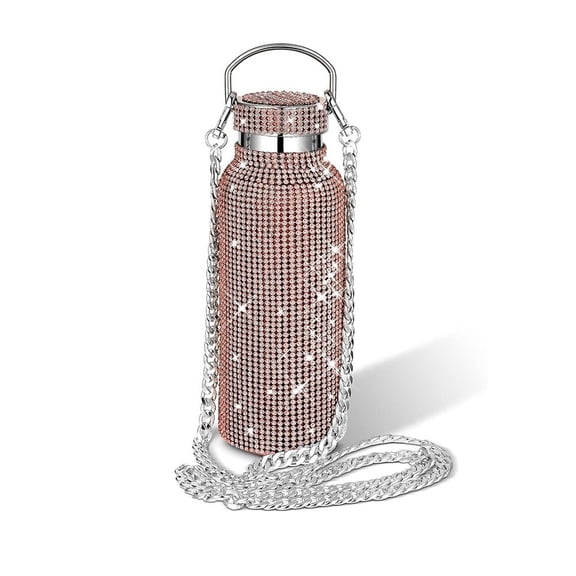 Typpkmm Thermal Rhinestone Water Bottle with Stainless Steel Refillable Glitter, Rose Gold