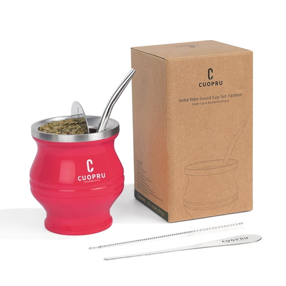 Typpkmm Yerba Mate Cup Bombilla Set, Includes 5-Inch Metal Straw, Mate Gourd and Cleanser, Rosy Red