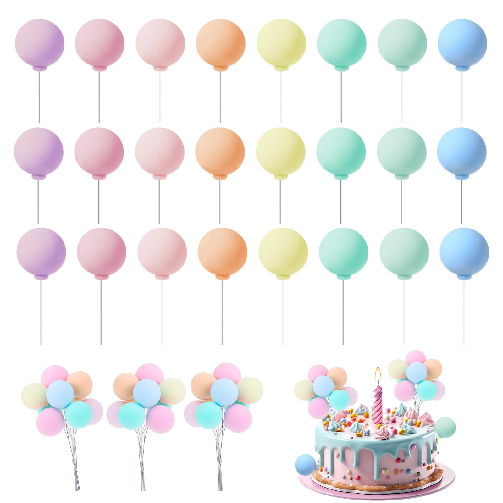 24-Piece Bubble Ball Cake Toppers - Colorful Pearl Balloon Decorations For Cupcakes, Wedding, Birthday, Under The Sea Theme