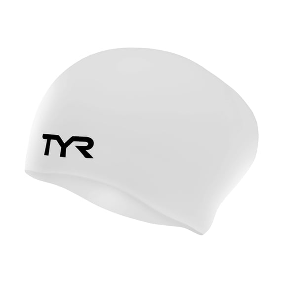 TYR Adult Silicone Long Hair Swim Cap - Wrinkle-Free, Low-Drag Cap for Long Hair, White