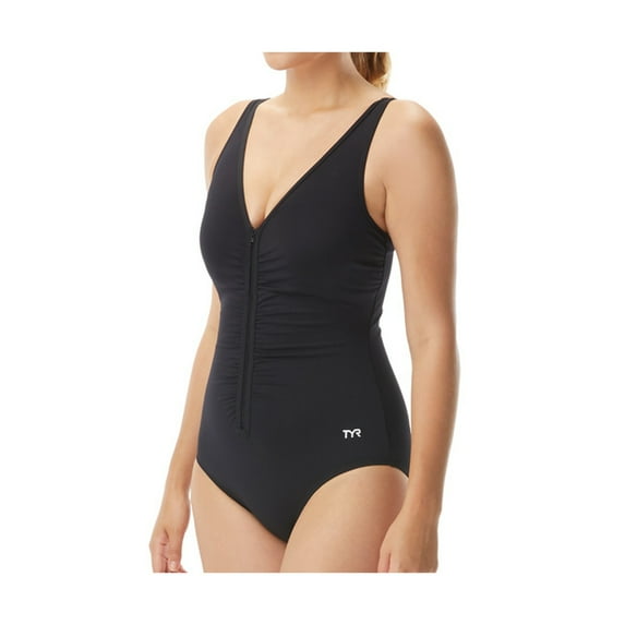 Tyr Solid V-Neck Zip Controlfit Swimsuit Black Size 10