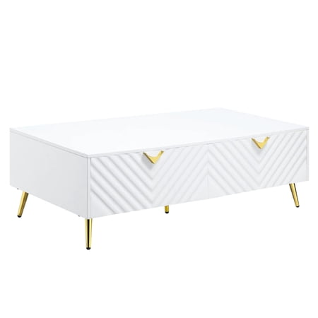 Tyra 53 Inch Modern Coffee Table, 2 Drawers, Metal Handles, White, Gold