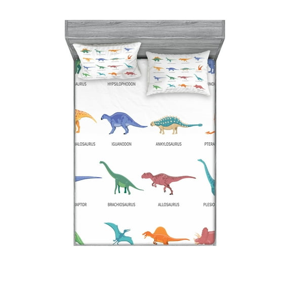 Tyrannosaurus Fitted Sheet & Pillow Sham Set, Different Type of Dinosaurs Fossil Characters Paleontology Jurassic, Decorative Printed 6 Piece Bedding Decor Set, Full, Multicolor, by Ambesonne