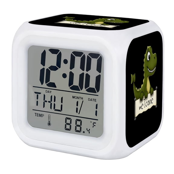 Tyrannosaurus Rex Digital Alarm Clock for Bedrooms,Smart LED Alarm Clock with 7 Color Changing Night Light,Welcome Cartoon Green Dinosaur Black Silent Wake Up Clocks for Sleep Study Cooking 3.2"x3.2"