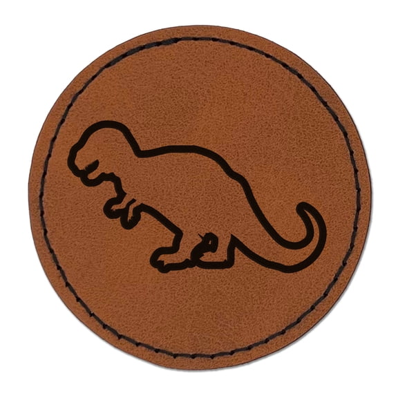 Tyrannosaurus Rex Dinosaur Outline 2.5" Faux Leather Round Engraved Iron-On Patch - Brown