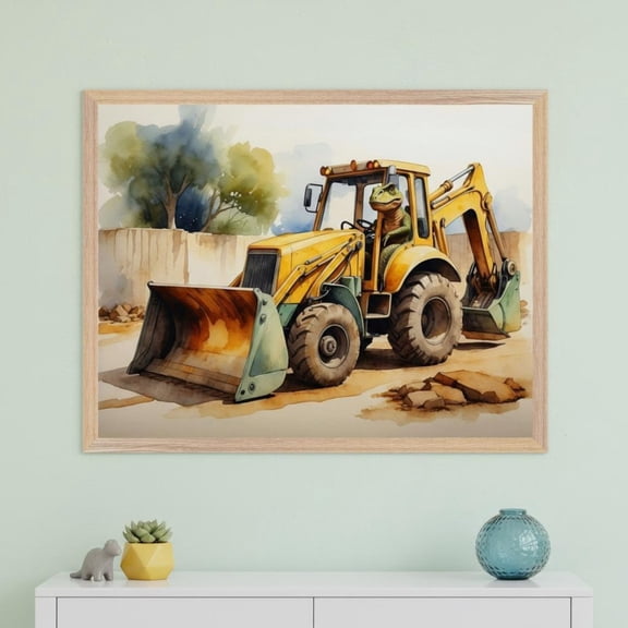 Tyrannosaurus Rex Driving Yellow Backhoe Wall Art Dinosaur Nursery Decor T Rex Unframed Paper Print
