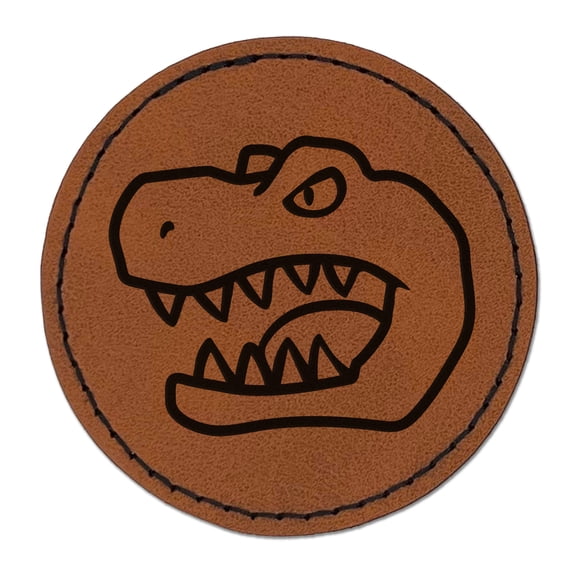 Tyrannosaurus Rex Head 2.5" Faux Leather Round Engraved Iron-On Patch - Brown