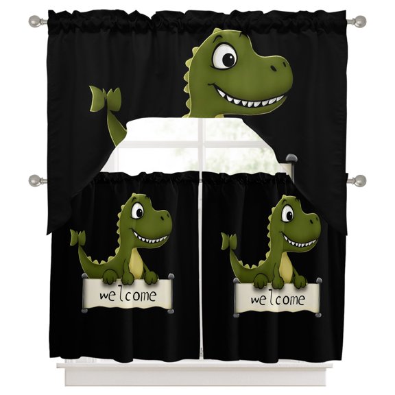 Tyrannosaurus Rex Kitchen Curtains Swag Valance and Tier Curtains Set 36 Inch Length, Welcome Cartoon Green Dinosaur Black Rod Pocket Drape Panels Pair Swag Curtains for Bathroom/Cafe/Window