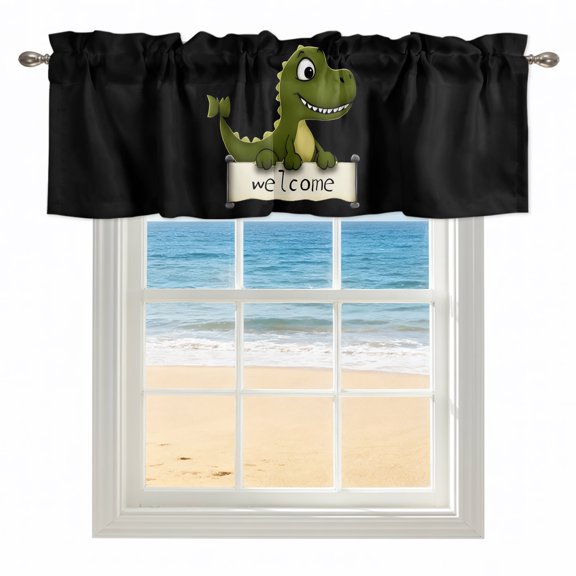 Tyrannosaurus Rex Kitchen Valances for Windows 42x12 Inch Kitchen Curtains Valances Rod Pocket Welcome Cartoon Green Dinosaur Black Bathroom Window Valances for Window Treatment Decor