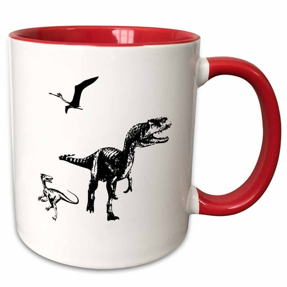 3drose, Tyrannosaurus Rex, Pterodactyl, Small Raptor Dinosaurs on White, 11oz Two-tone Red Mug