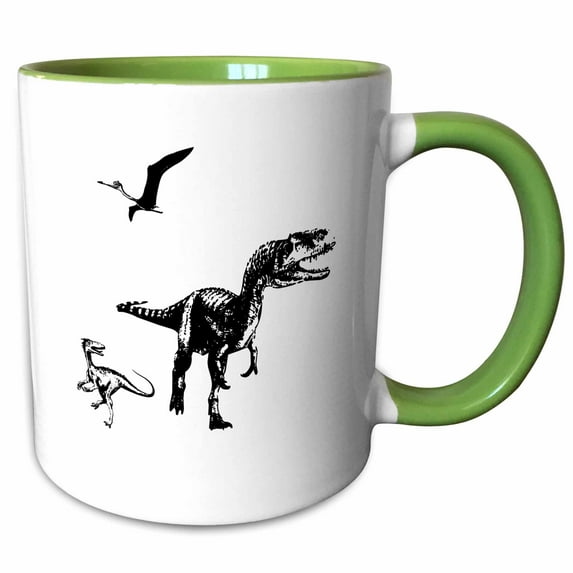3drose, Tyrannosaurus Rex, Pterodactyl, Small Raptor Dinosaurs on White, 15oz Two-tone Green Mug