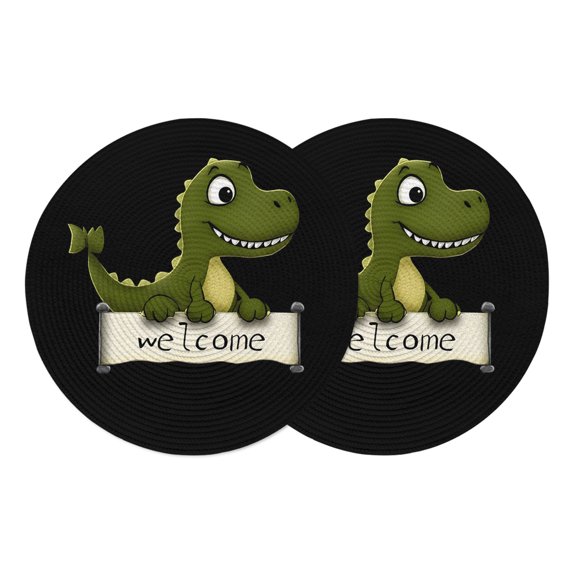 Tyrannosaurus Rex Round Placemats Set of 2 Welcome Cartoon Green Dinosaur Black Place Mats Indoor Woven Table Mats Washable Heat-Resistance Braided Dining Table Placemats for Kitchen Decor 13 Inch
