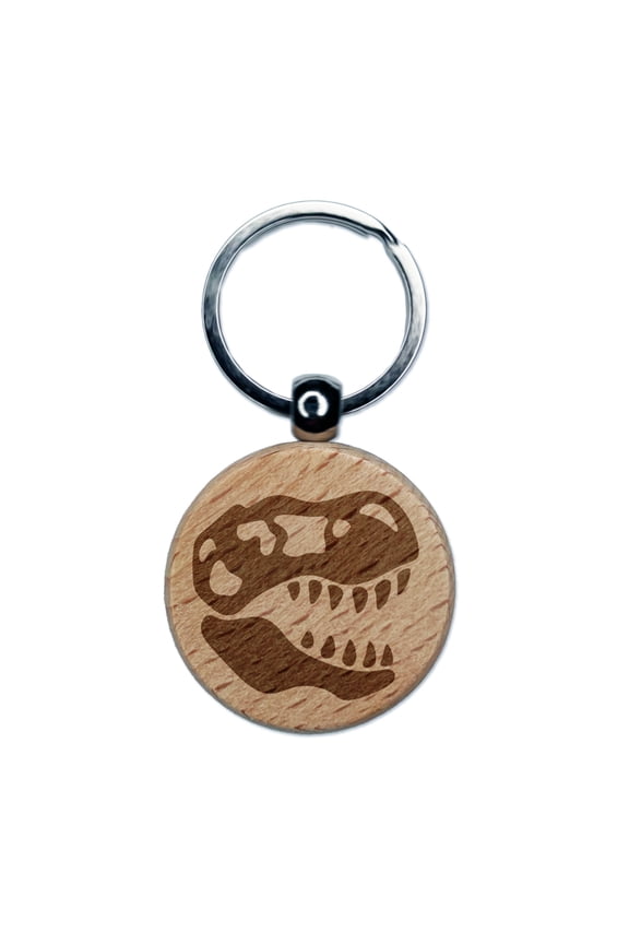 Tyrannosaurus Rex Skull Fossil Round Keychain Charm Tag - Engraved Wood