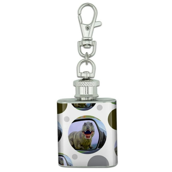 Tyrannosaurus Rex T-Rex in Rear View Mirror Stainless Steel 1oz Mini Flask Key Chain