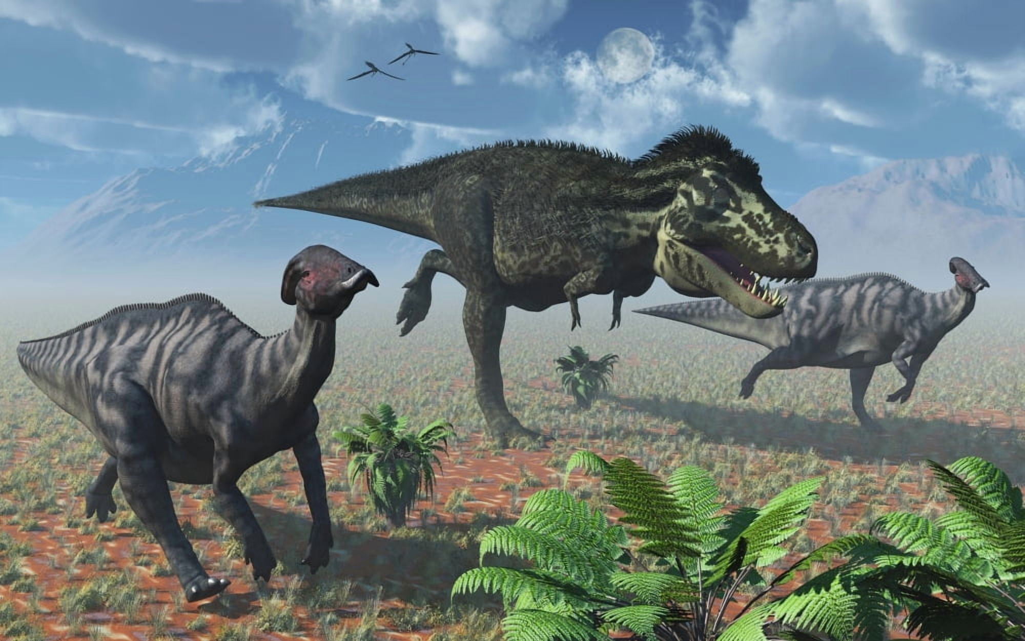 Tyrannosaurus Rex attacking a herd of Parasaurolophus duckbill dinosaurs Canvas Art - Mark StevensonStocktrek Images (18 x 12)