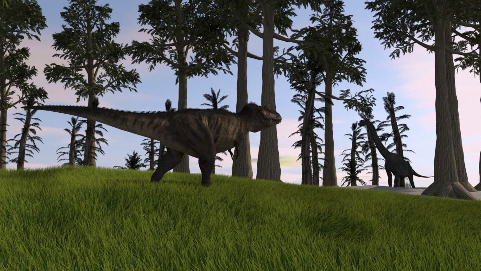 Tyrannosaurus Rex confronts a large Brachiosaurus Canvas Art - Kostyantyn IvanyshenStocktrek Images (19 x 11)