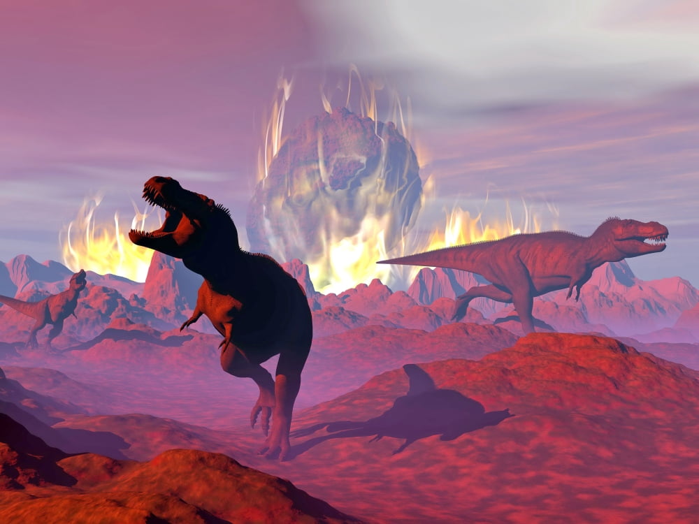 Tyrannosaurus Rex dinosaurs escaping a big meteorite crash Canvas Art - Elena DuvernayStocktrek Images (17 x 13)