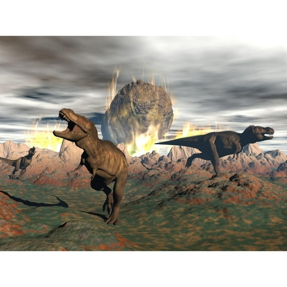 Tyrannosaurus Rex dinosaurs escaping a big meteorite crash Poster Print