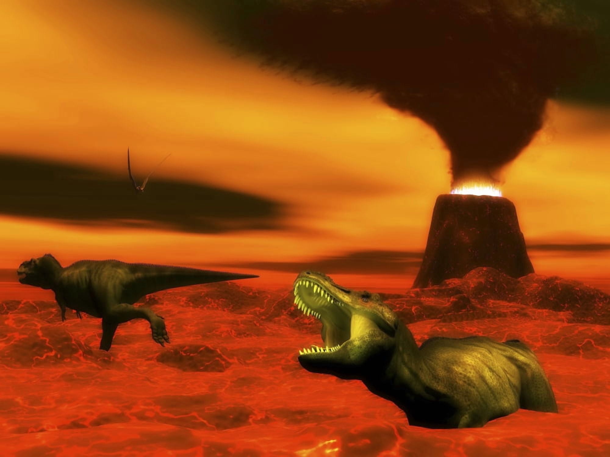 Tyrannosaurus Rex dinosaurs struggle to survive from a volcanic eruption Canvas Art - Elena DuvernayStocktrek Images (17 x 13)