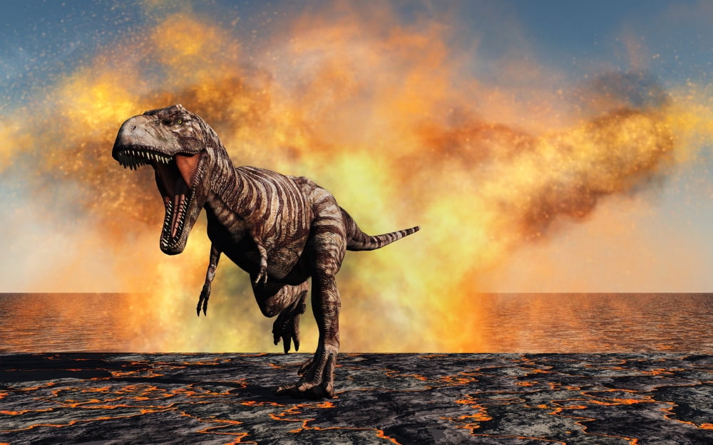 Tyrannosaurus Rex escaping from a violent fire storm Canvas Art - Mark StevensonStocktrek Images (36 x 23)