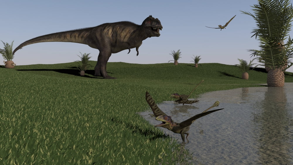 Tyrannosaurus Rex frightens a group of Peteinosaurus Canvas Art - Kostyantyn IvanyshenStocktrek Images (38 x 22)