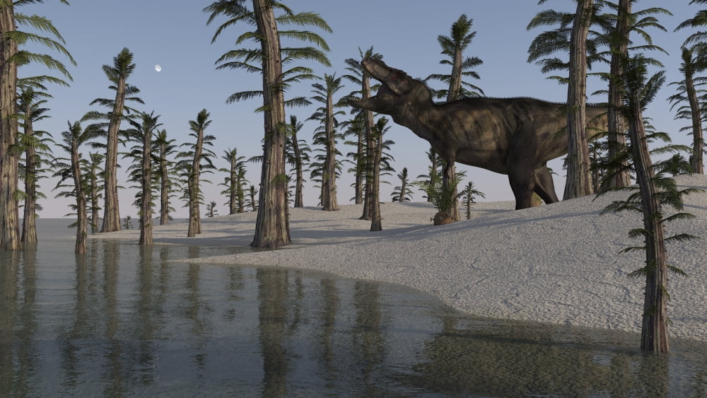 Tyrannosaurus Rex hunting for its next meal Canvas Art - Kostyantyn IvanyshenStocktrek Images (19 x 11)