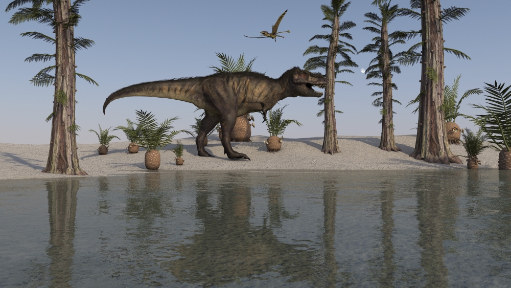 Tyrannosaurus Rex hunting for its next meal along the waters edge Canvas Art - Kostyantyn IvanyshenStocktrek Images (38 x 22)