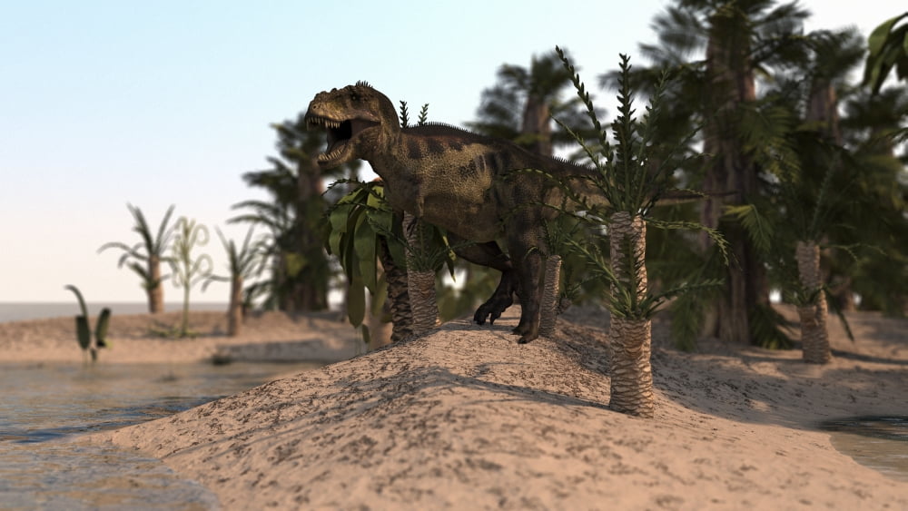 Tyrannosaurus Rex hunting in a desert environment Canvas Art - Kostyantyn IvanyshenStocktrek Images (19 x 11)