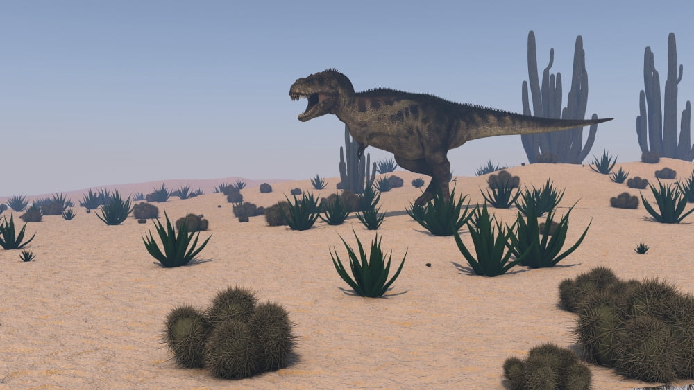 Tyrannosaurus Rex hunting in a desert environment Canvas Art - Kostyantyn IvanyshenStocktrek Images (19 x 11)