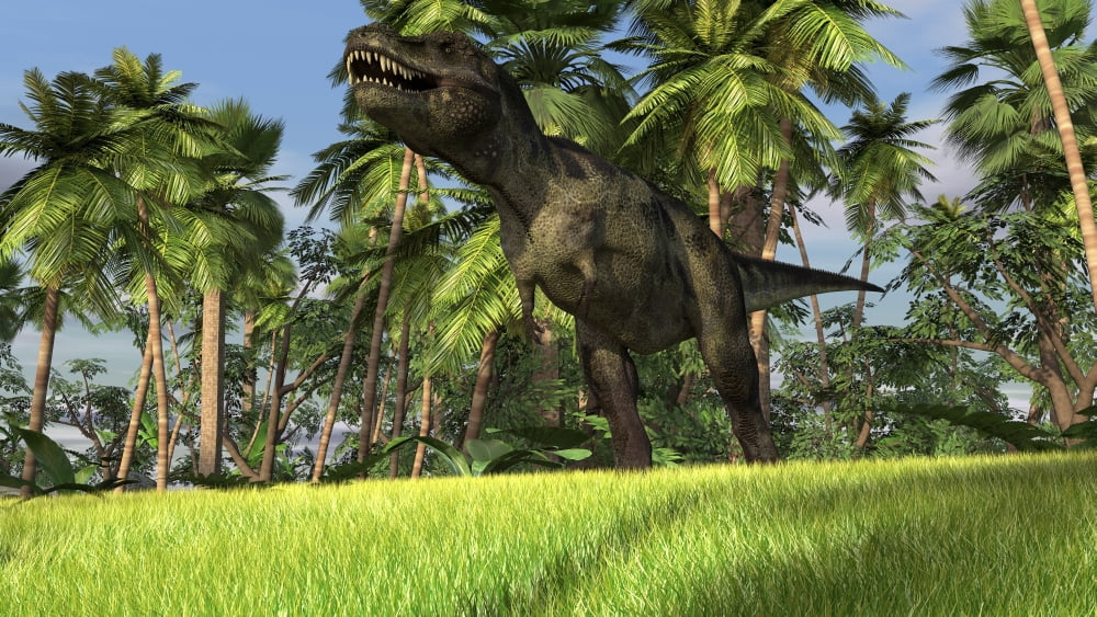 Tyrannosaurus Rex hunting in a tropical landscape Canvas Art - Kostyantyn IvanyshenStocktrek Images (38 x 22)