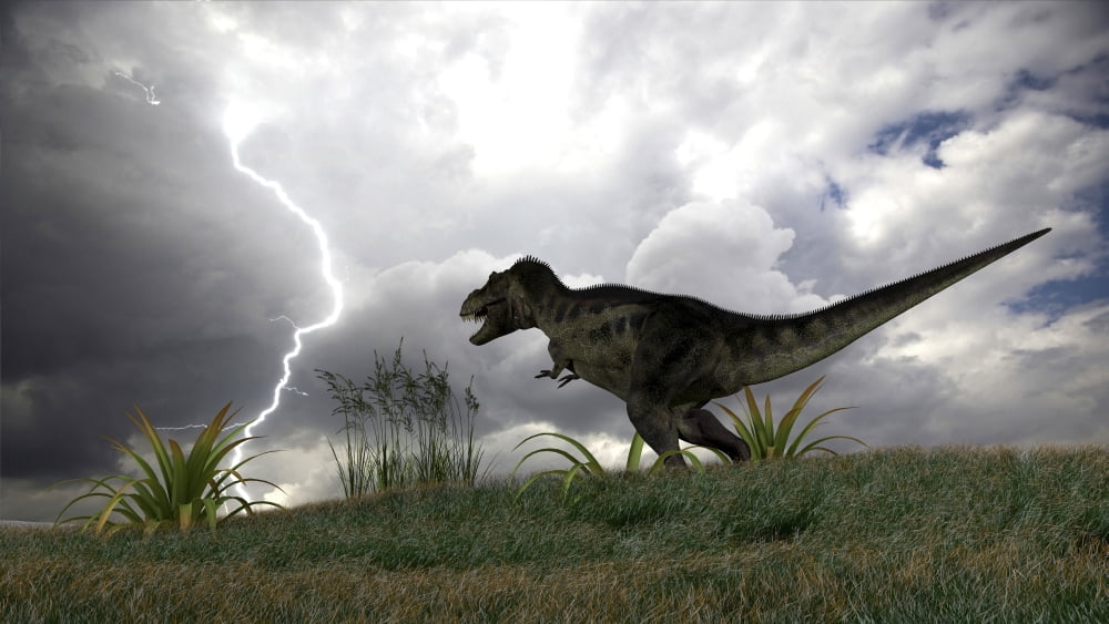Tyrannosaurus Rex hunting in an open field during a lightning storm Canvas Art - Kostyantyn IvanyshenStocktrek Images (19 x 11)