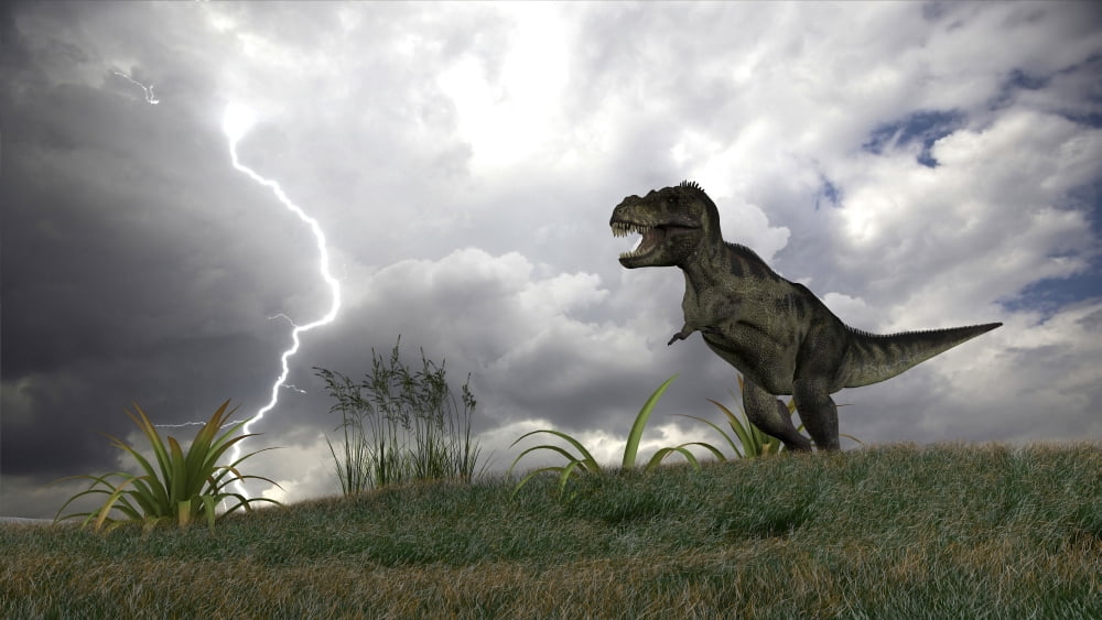 Tyrannosaurus Rex hunting in an open field during a lightning storm Canvas Art - Kostyantyn IvanyshenStocktrek Images (38 x 22)