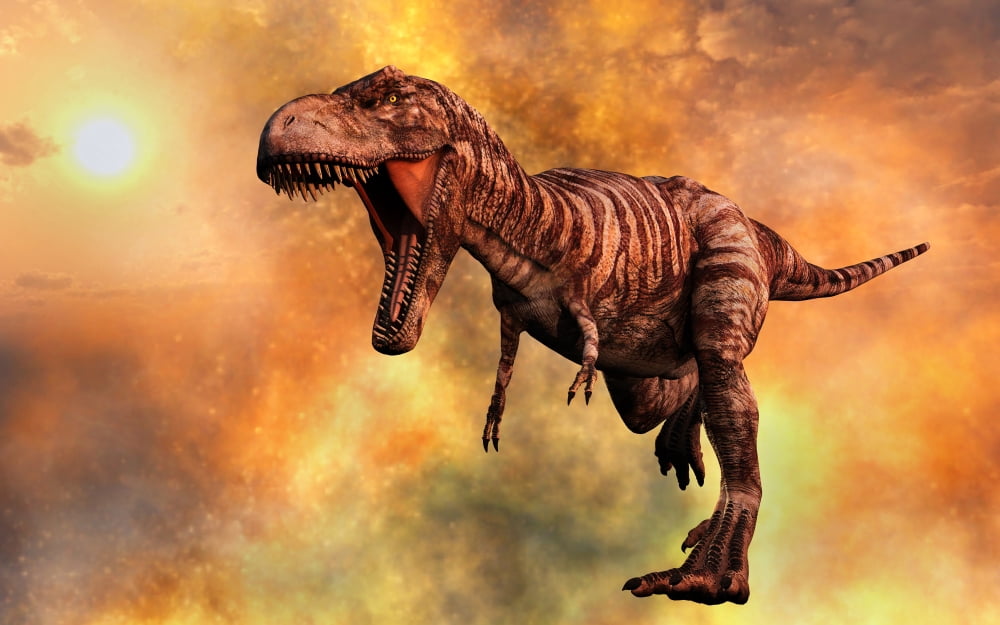 Tyrannosaurus Rex running from a deadly fire storm Canvas Art - Mark StevensonStocktrek Images (36 x 23)