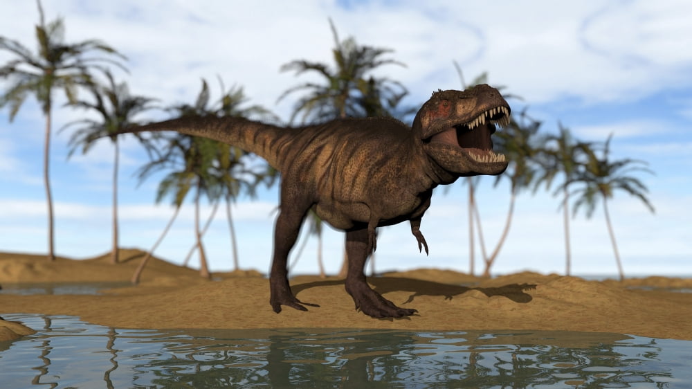Tyrannosaurus Rex standing on the shoreline Canvas Art - Kostyantyn IvanyshenStocktrek Images (38 x 22)