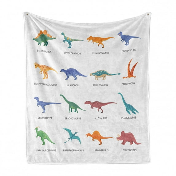 Tyrannosaurus Soft Flannel Fleece Throw Blanket, Different Type of Dinosaurs Fossil Characters Paleontology Jurassic, Cozy Plush for Indoor and Outdoor Use, 60" x 80", Multicolor, by Ambesonne