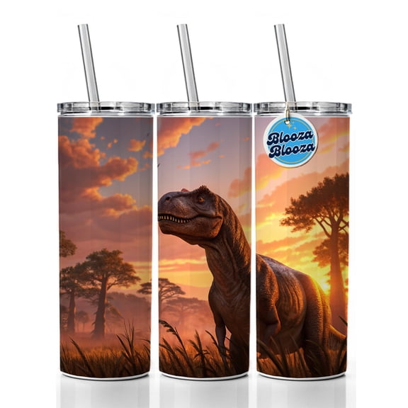 Tyrannosaurus T-Rex Dinosaur Sunset Sky 20oz Insulated Water Bottle Skinny Tumbler Includes Straw
