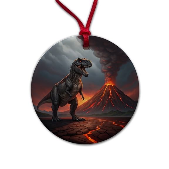 Tyrannosaurus T-Rex Dinosaur Volcano Erupting Christmas Tree Holiday Round Ceramic Ornament