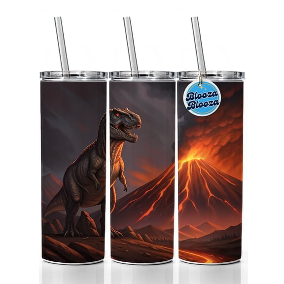 Tyrannosaurus T-Rex Dinosaur Volcano Lava 20oz Insulated Water Bottle Skinny Tumbler Includes Straw