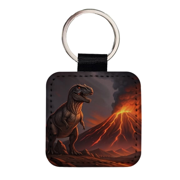 Tyrannosaurus T-Rex Dinosaur Volcano Lava Faux Leather Square Keychain